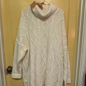 Free People Cream and Tan Cable Knit Turtleneck Sweater